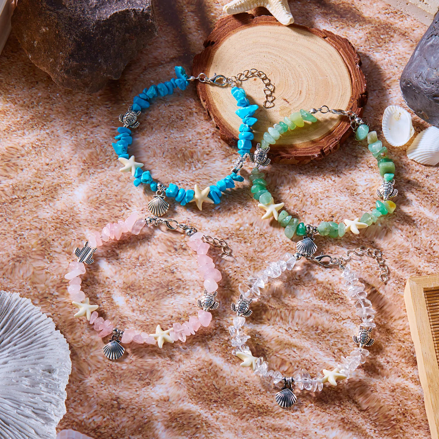 Summer Beach Stone Chain Anklets for Women Boho Turtle Starfish Shell Charm Ankl