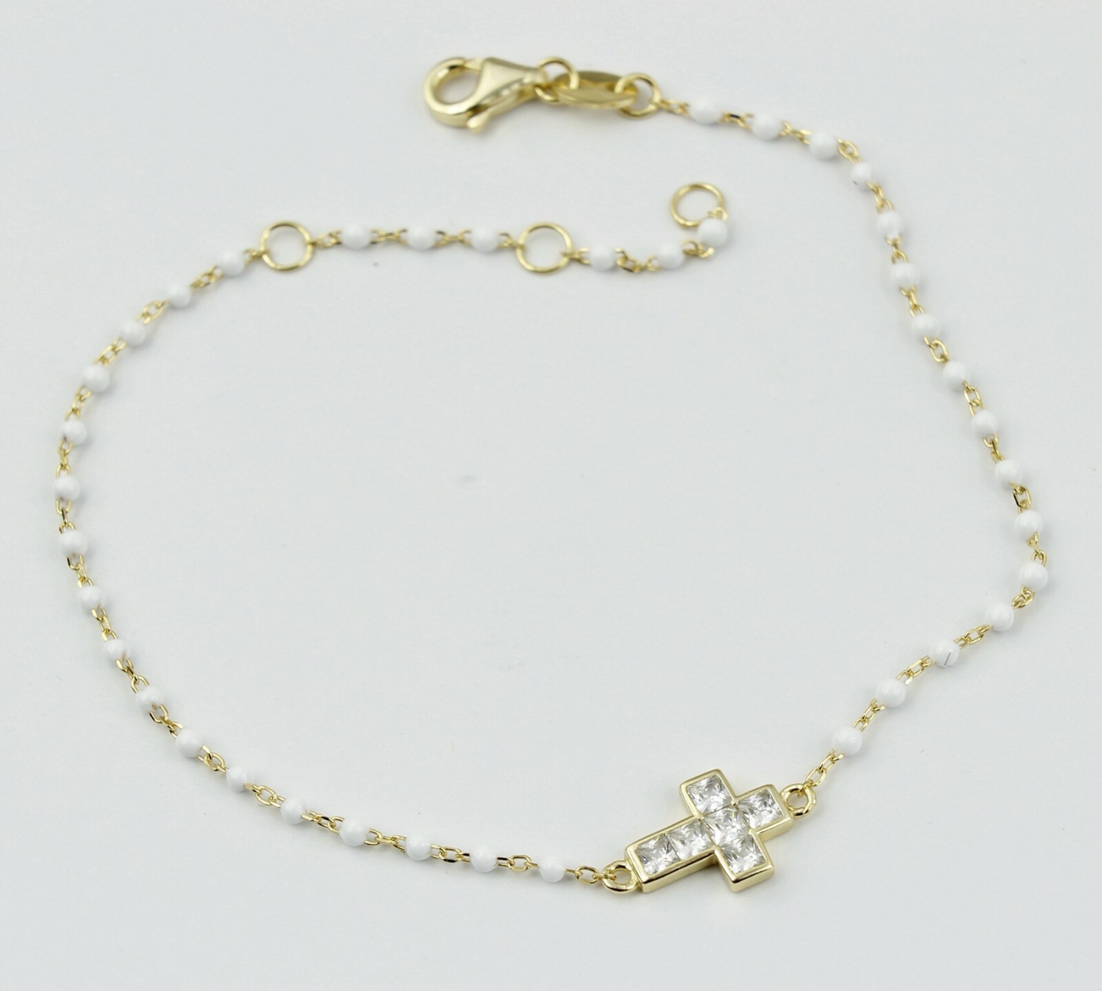 Women 925 Sterling Silver Bohemia Beaded Gold CZ Cross Religious Bracelet 6-7.8″