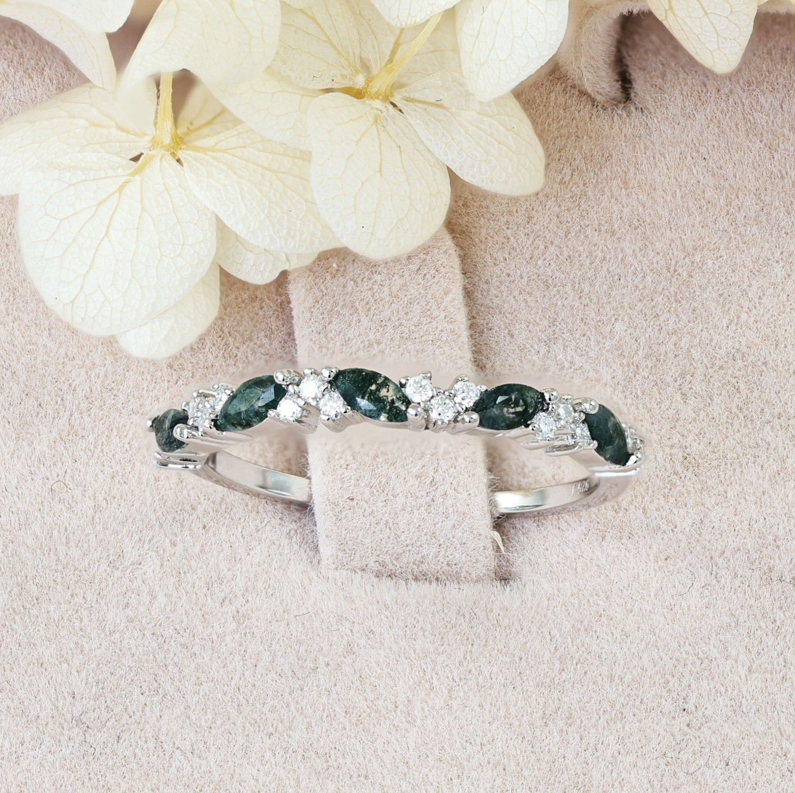 Moss Agate Marquise N Moissanite Wedding Band Bridal Ring Sterling Silver S19391