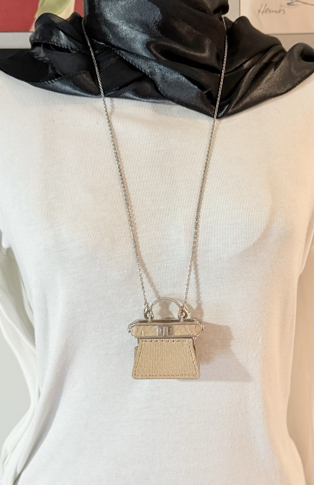 Fendi Peekaboo Mini Bag Pendant Necklace Python Embossed Leather Italy w/ COA