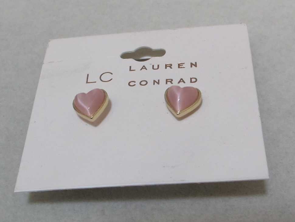 LC LAUREN CONRAD Pink Acrylic Heart Gold Tone Frame 3/8” Stud Earrings NOC