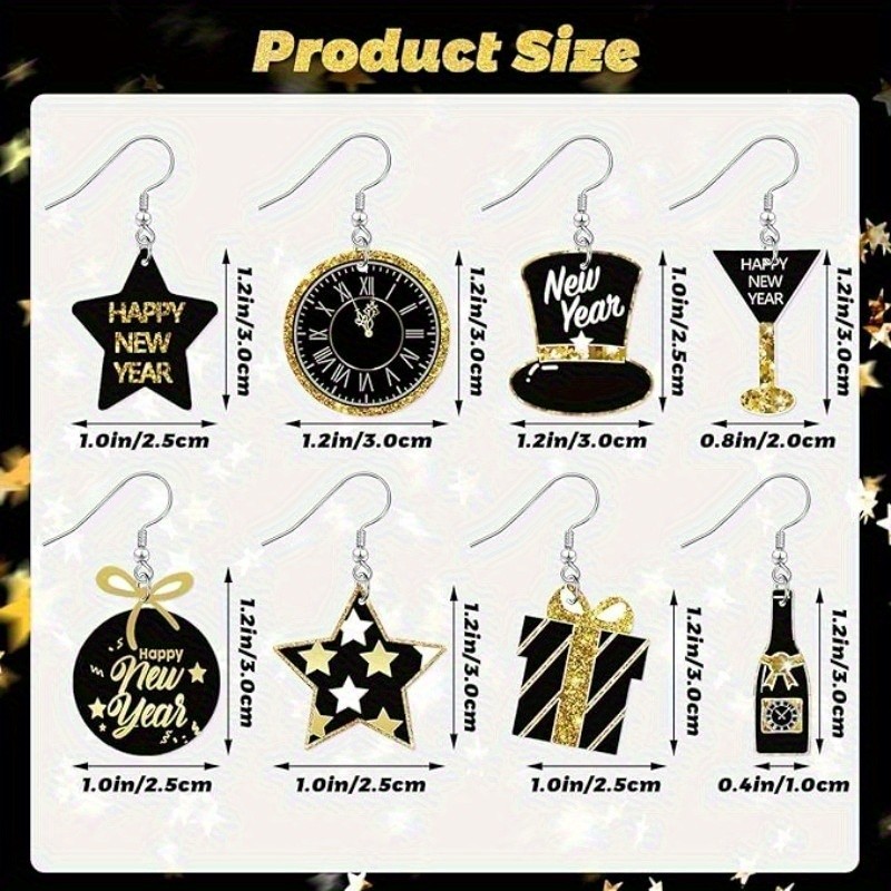 8Pairs New Year Dangle Earrings Set Festive New Year’s Eve Party Holiday Gifts