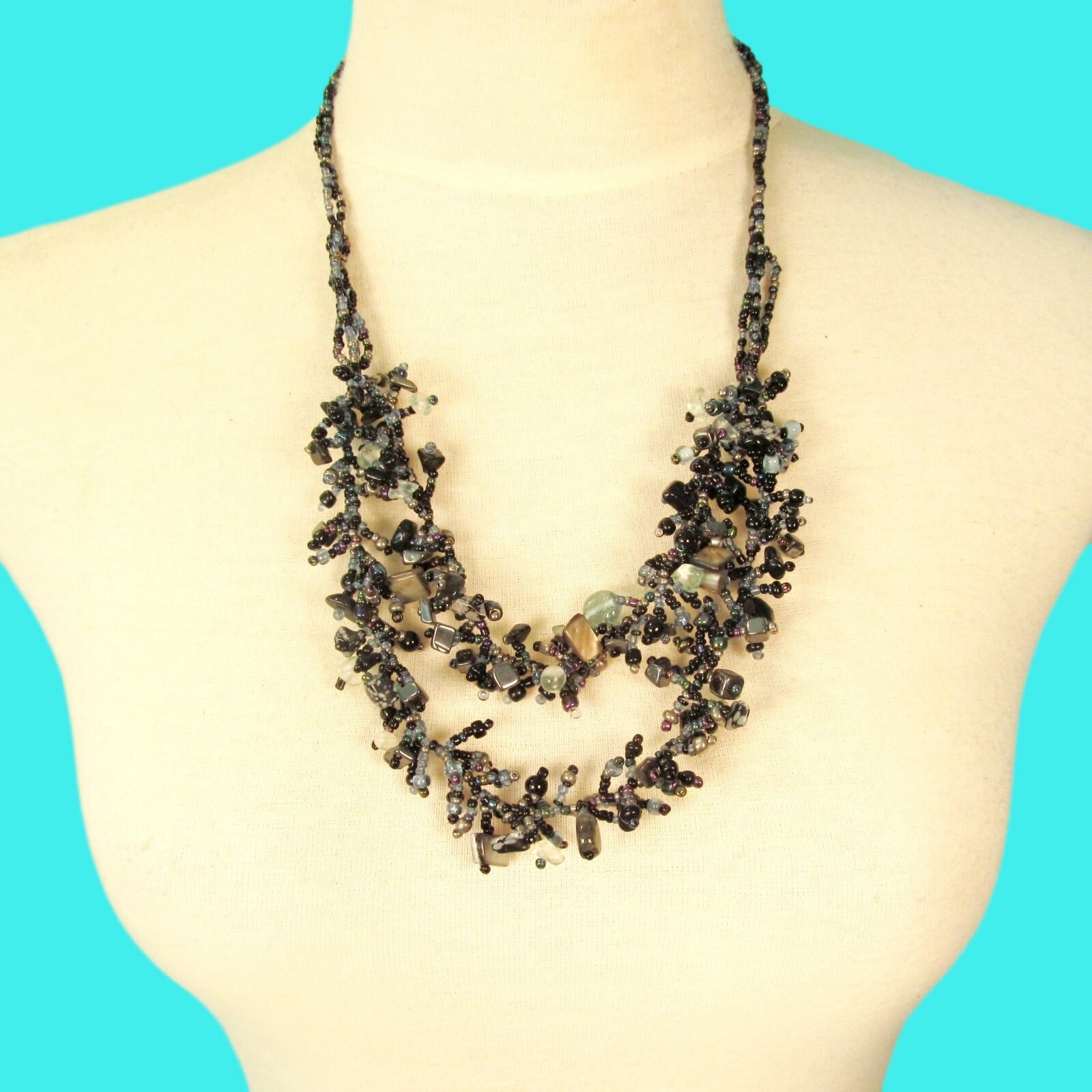 22″ Black Blue Double Stone Shell Chip Handmade Seed Bead Bali Necklace