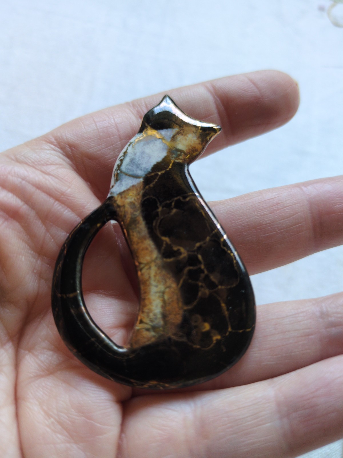 Vintage Cat Brooch Pin Lot Of 2, Mexican Mixed Metal And Pottery Artist Signed