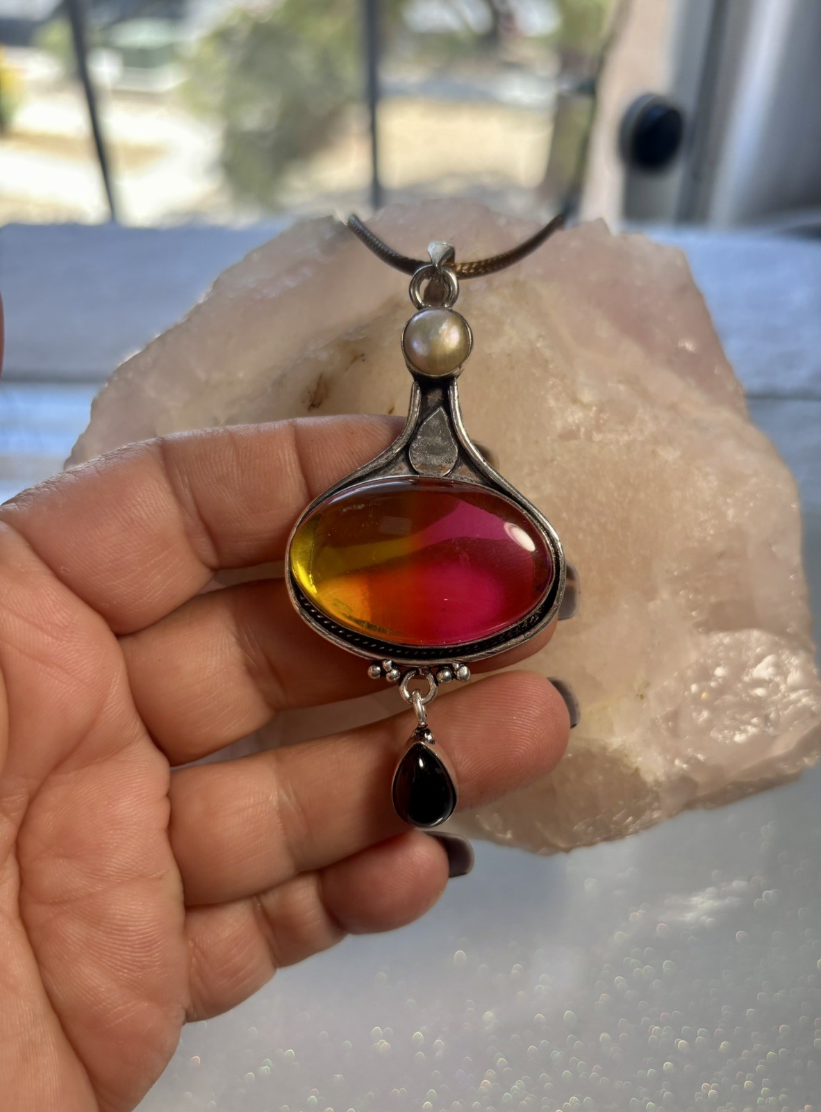Bi Color Tourmaline Black Onyx Gemstone Pendant Jewelry 2.88″