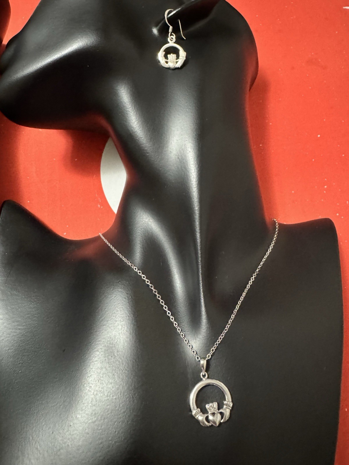 VTG Sterling Silver Lovely Irish Claddagh Set•Necklace•Earrings•Ring• 3PieceSet•