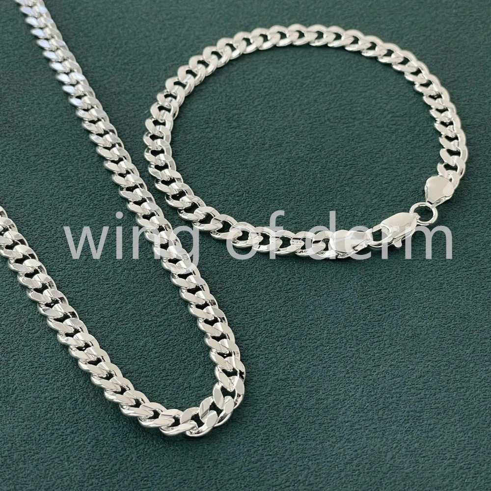 50-60cm 925 Sterling Silver 7mm Men’s Cuban Sideways Necklace Bracelet Set…