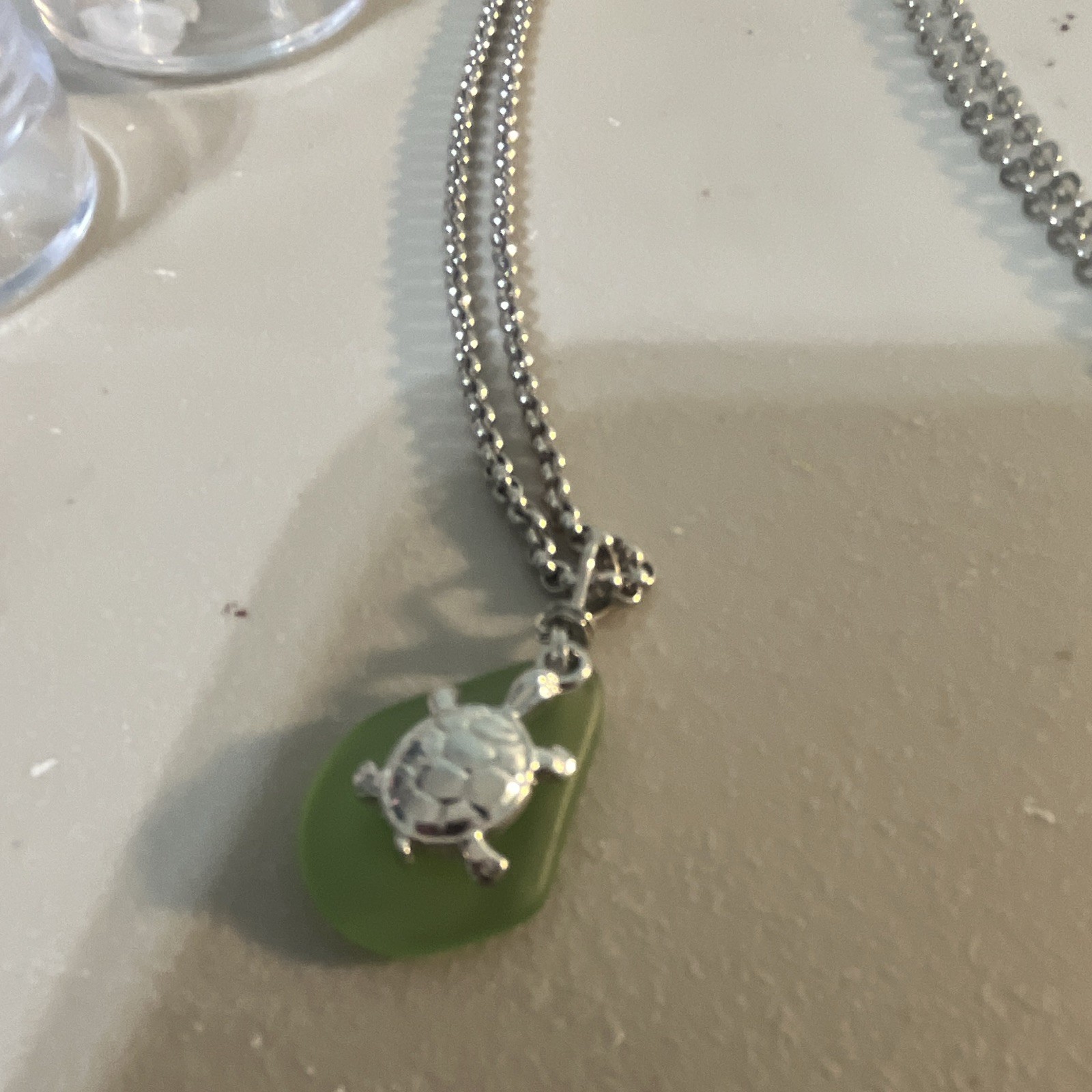 Green Glass Pendant Necklace with Turtle Charm, Silver Tone Ball/Bead Chain