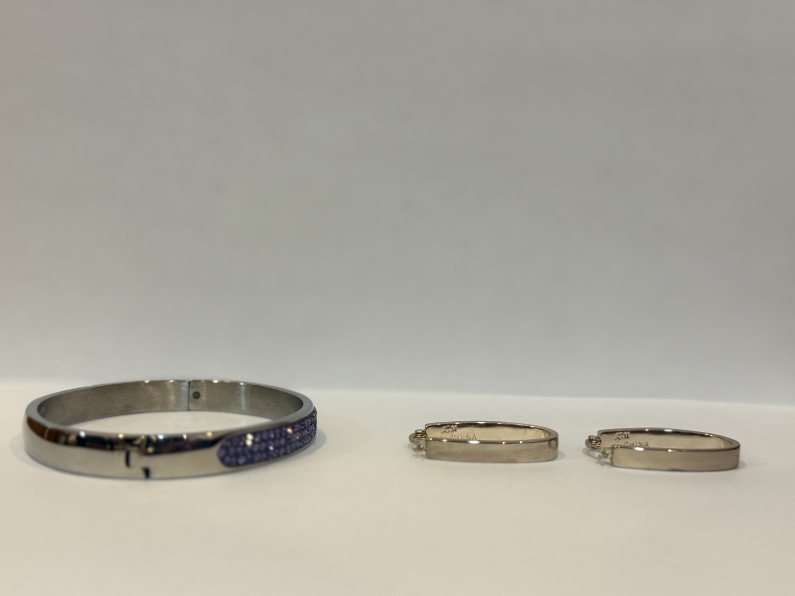 JCM Stainless Steel Bracelet W/3 Rows of Purple Rhinestones, Matching Earrings