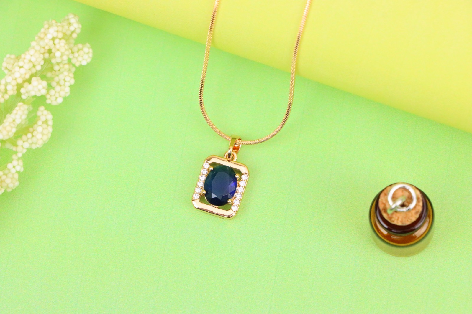 Rose Gold Rectangle Pendant with Blue Stone and Crystal Accents, XPPT1276