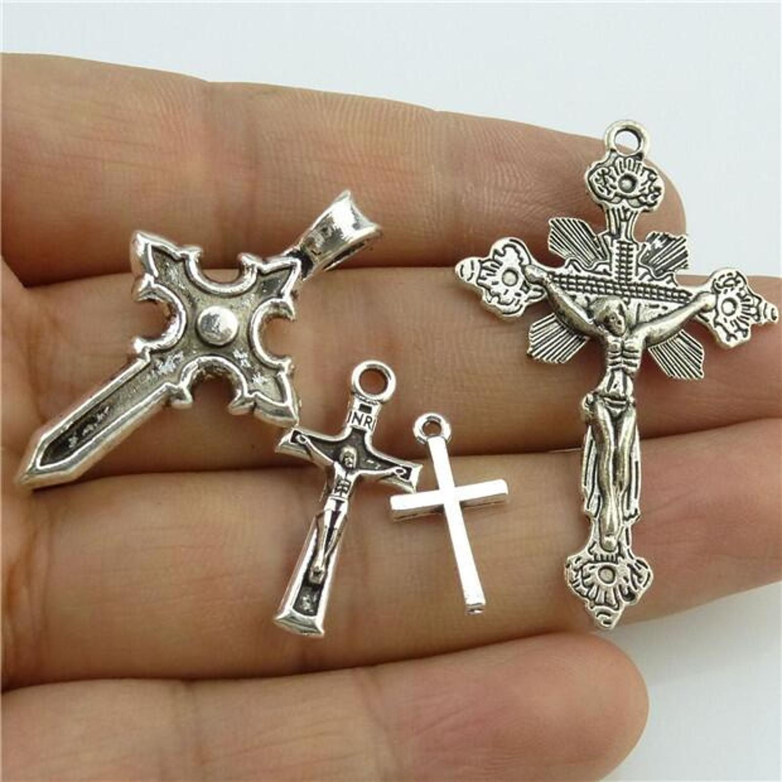 25* MIX Cross Pendant Vintage Antique Silver Tone Alloy Faith Religious Charm