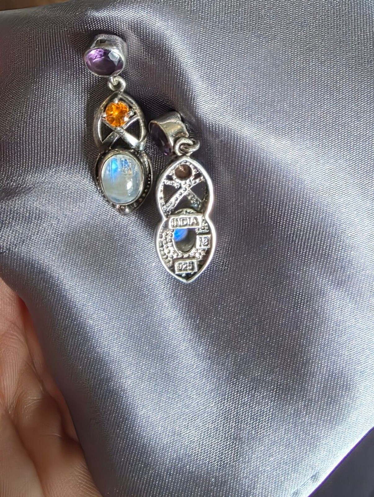 Amethyst Moonstone Citrine Ornate Sterling Silver Drop Earrings India