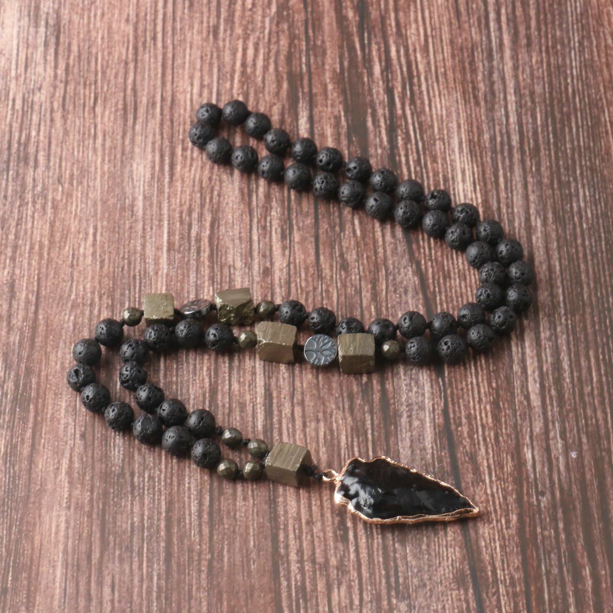 Lava Obsidian Beads Strength Protection Arrowhead Men Necklace Talisman Healing