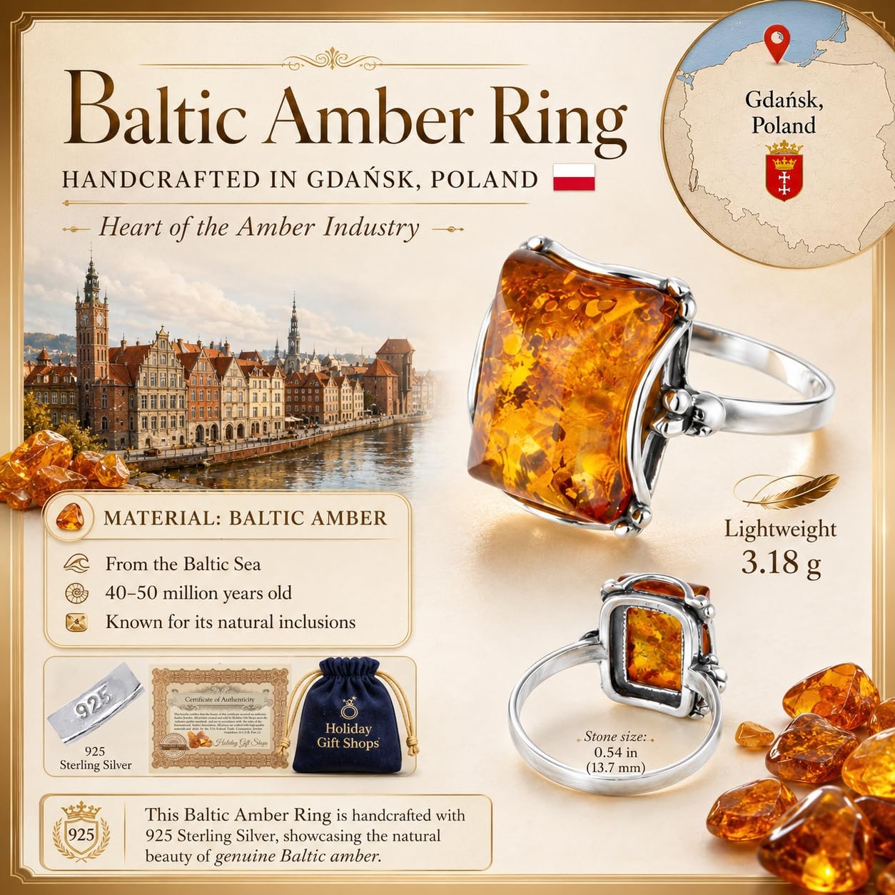 HolidayGiftShops Sterling Silver and Baltic Honey Amber Rectangle Ring Makell…