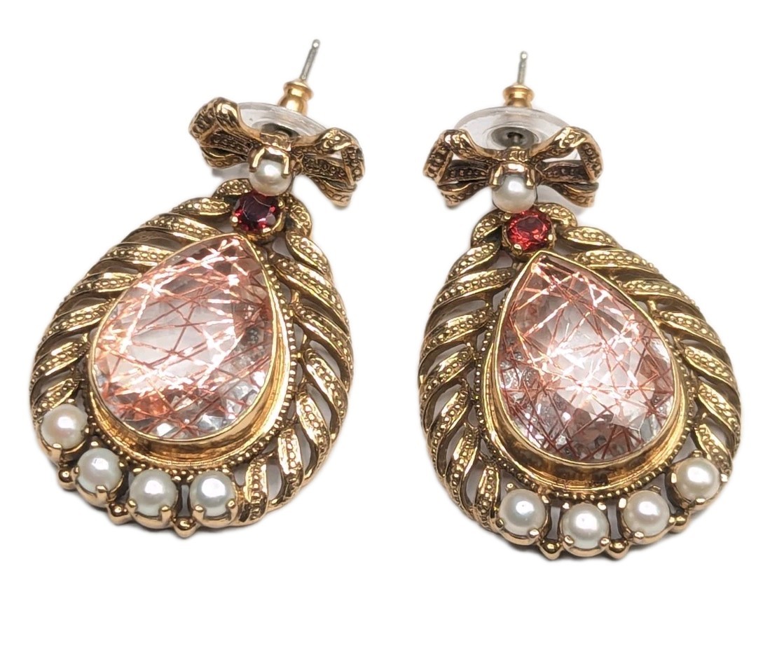 Nicky Butler NB Gold Tone Quartz Pearl Garnet Bow Drop Dangle Earrings 925 Posts