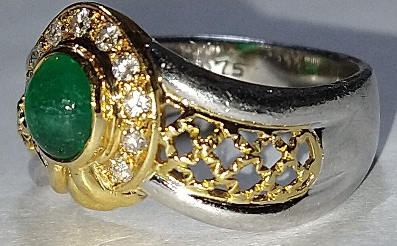 Solid heavy platinum & 18k gold 0.91 carat natural emerald diamond ring 8.76 grm