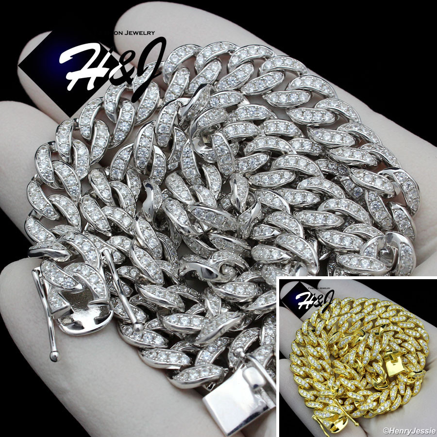 18″-30″MEN 925 STERLING SILVER ICY CZ 8MM GOLD PLATED/SILVER CURB CUBAN NECKLACE