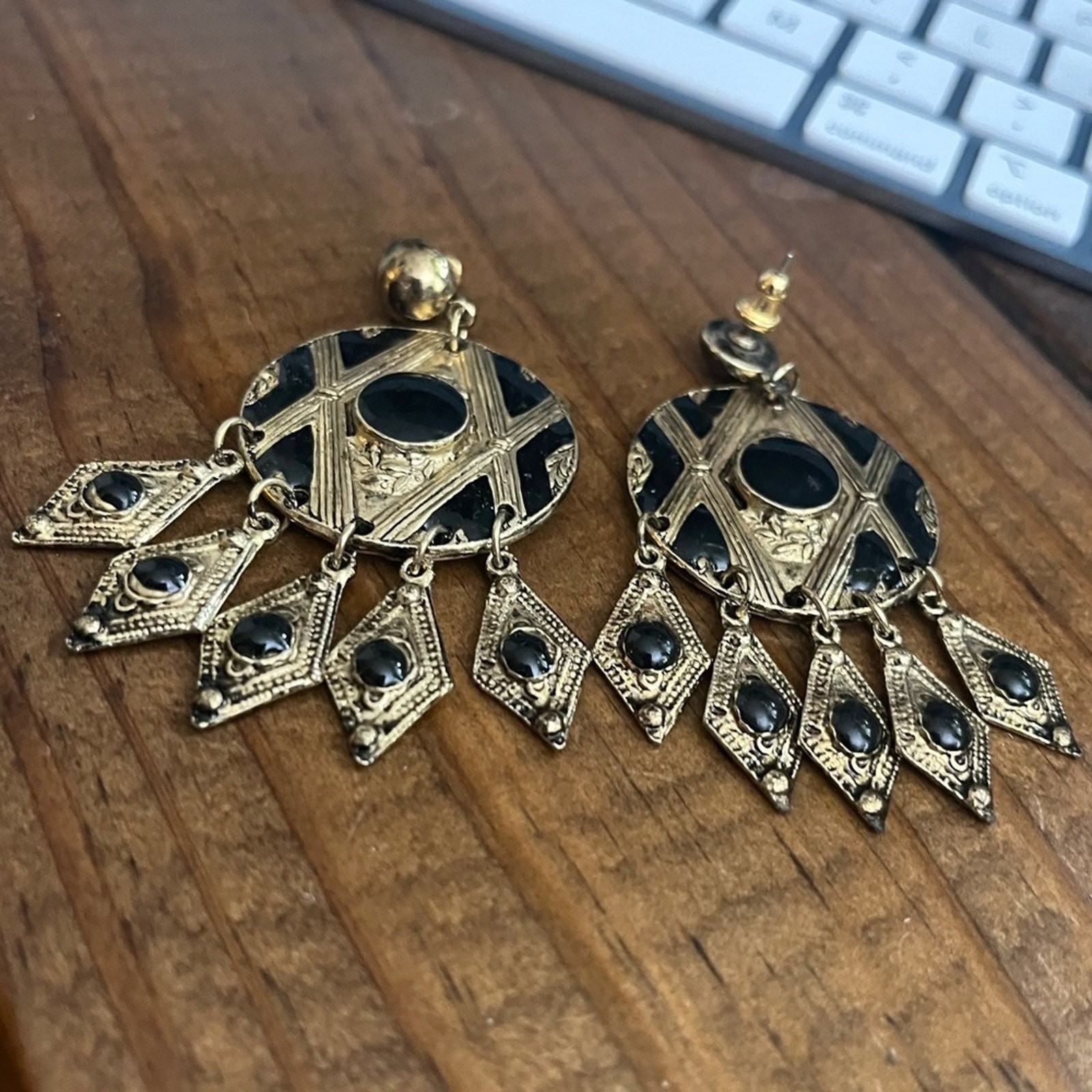 Vintage 80s 1980s HUGE Gold and Black Stone Oversized Chandelier Earrings