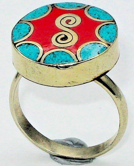 Handcrafted Tibetan Silver Coral Turquoise Inlay Cocktail Ring Adjustable 9