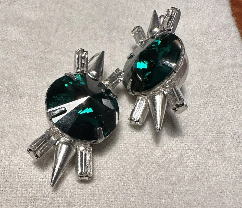 Fallon Round Cut Formal Stud Silver w Green Crystal Drop Earrings