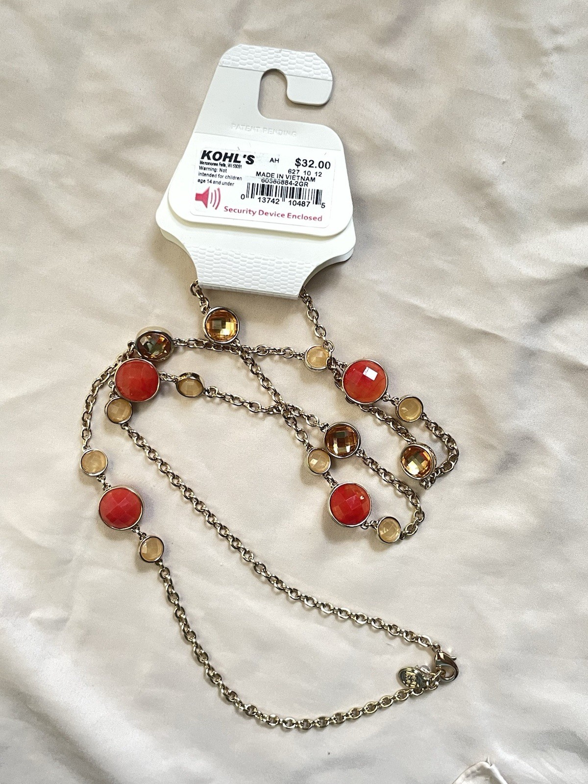 Dana Buchman Gold Tone Station Necklace Orange Tan Glass Bezels Long Chain
