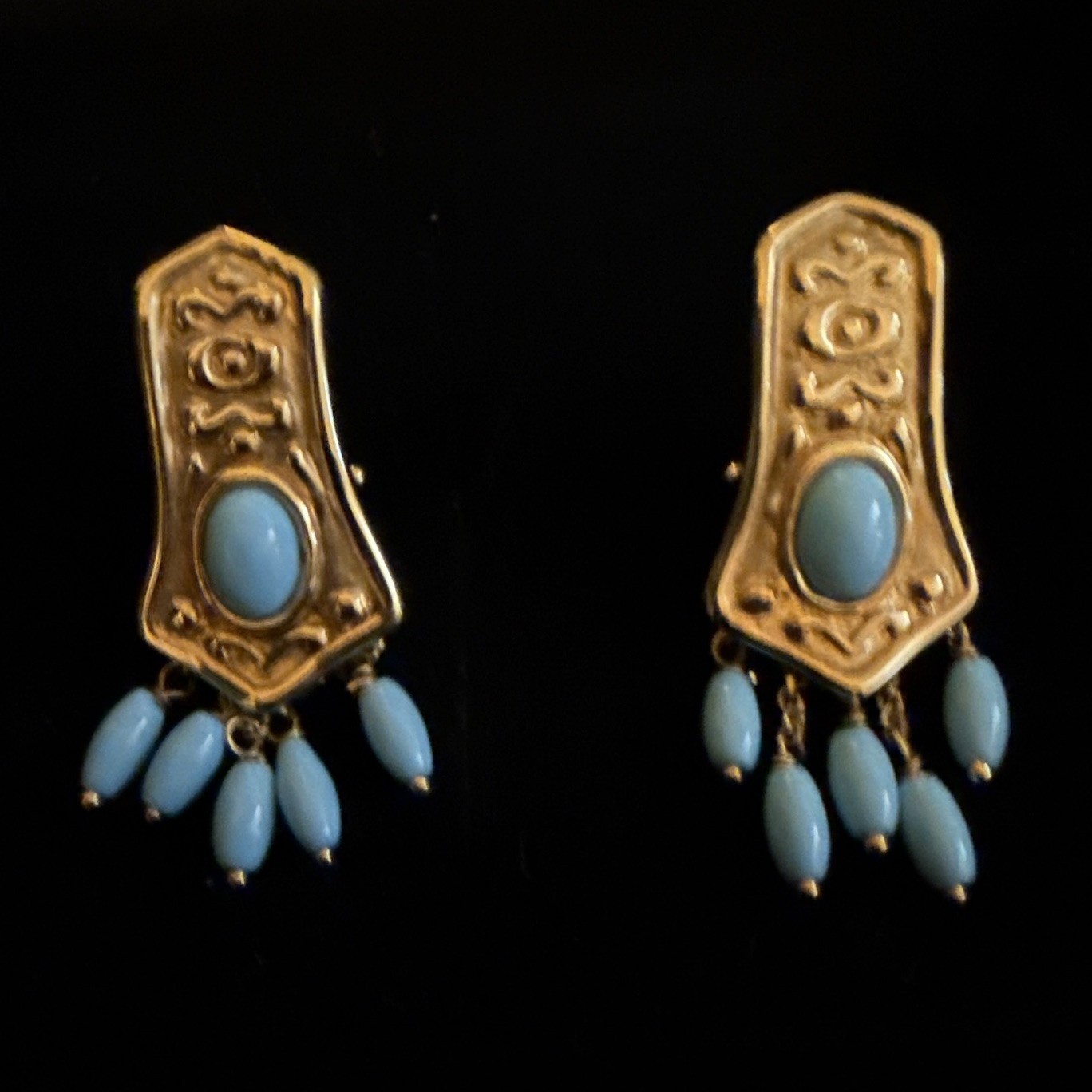 14K Italy Signed Designer Earrings Gold ,Oval , Cabochon Chandelier Dangle