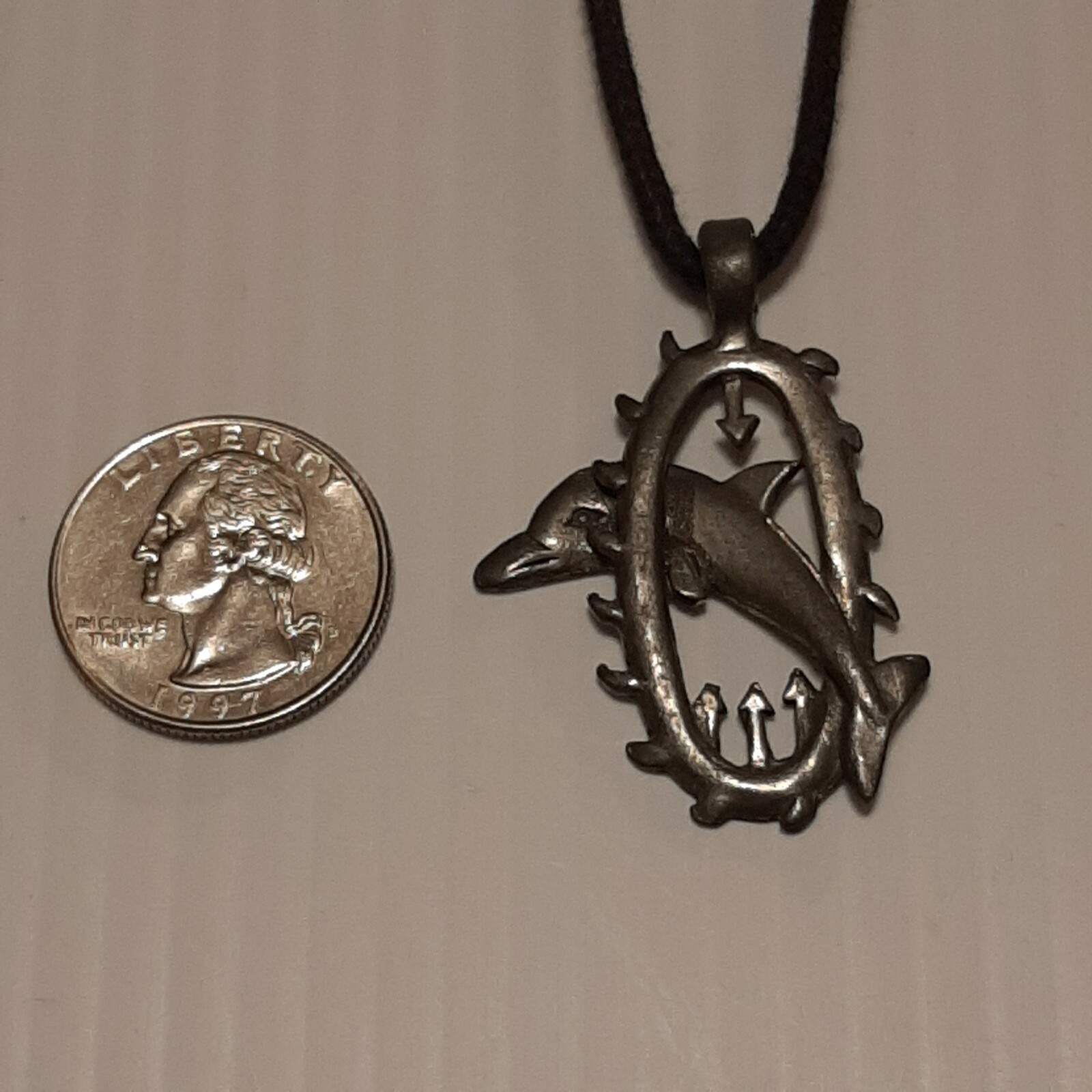 DOLPHIN JUMPING RING Pewter Pendant Charm / 26″ Adjustable Necklace U.S.A.