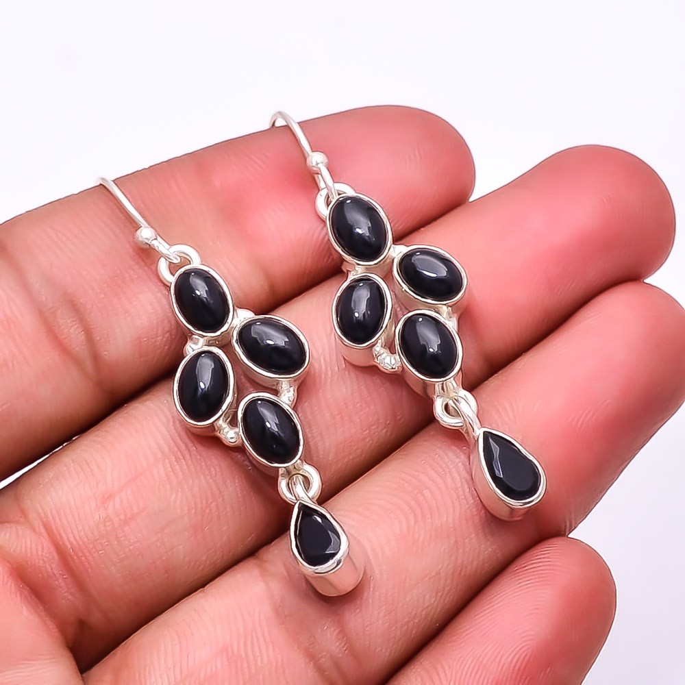 Black Onyx Multi Collet 925 Sterling Silver Earring 2.07″ E18, Christmas Gift