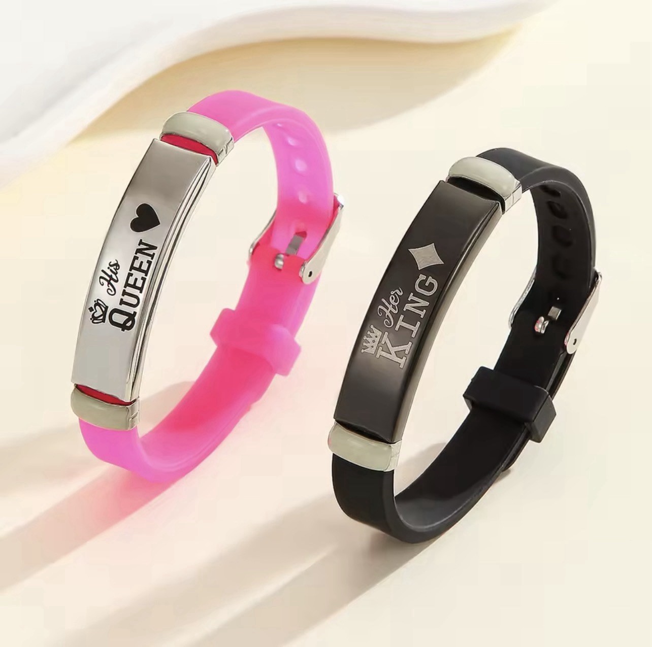 Glow in the Dark Silicone Buckle Couple Bracelets King/Queen Black Pink 16-21cm
