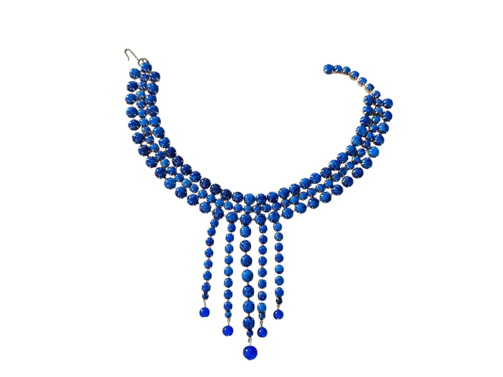Unmarked Vintage Blue Glass Cabochon Fringe Statement Necklace Bib Collar Hook