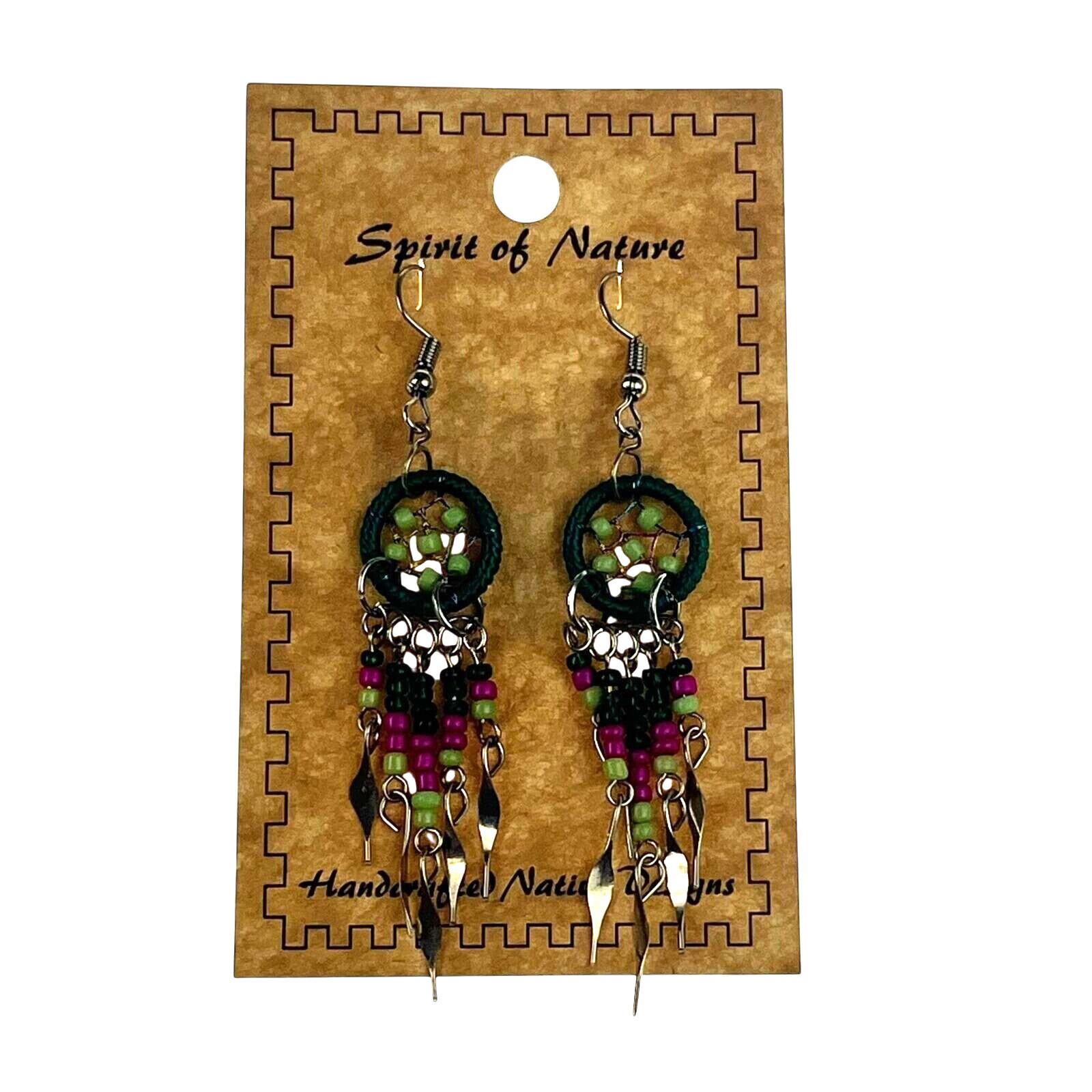 Handcrafted Green Dream Catcher Earrings Beaded Spirit of Nature Native Design