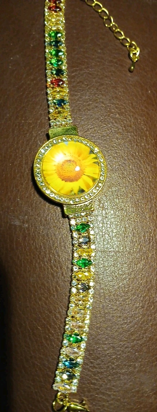 Elegant Round Glass Sunflower Bracelet Synthetic Zirconia, Gemstones, Goldtone