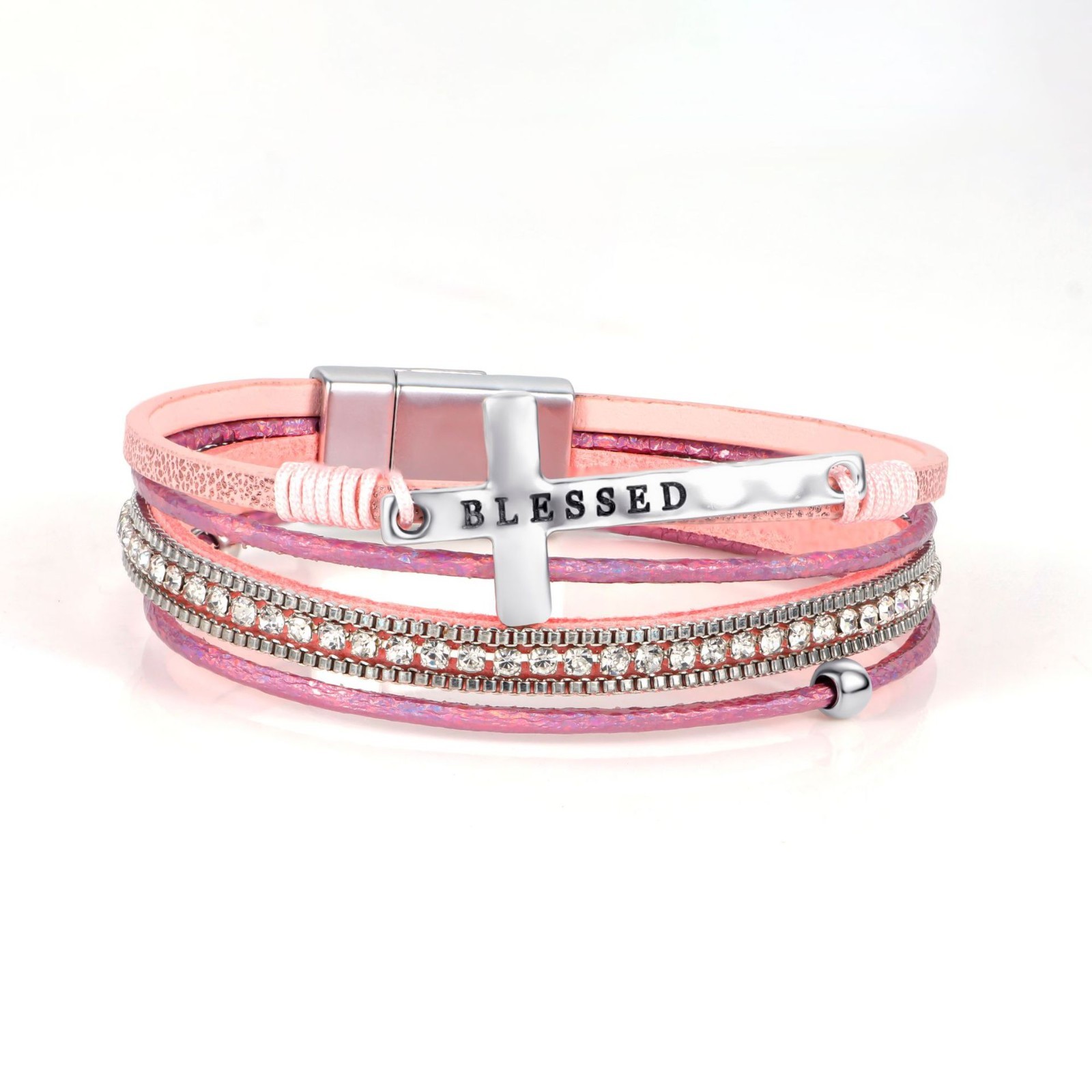 Boho Cross Layered Leather Bracelet Rhinestone Magnetic Clasp Women’s Jewelry