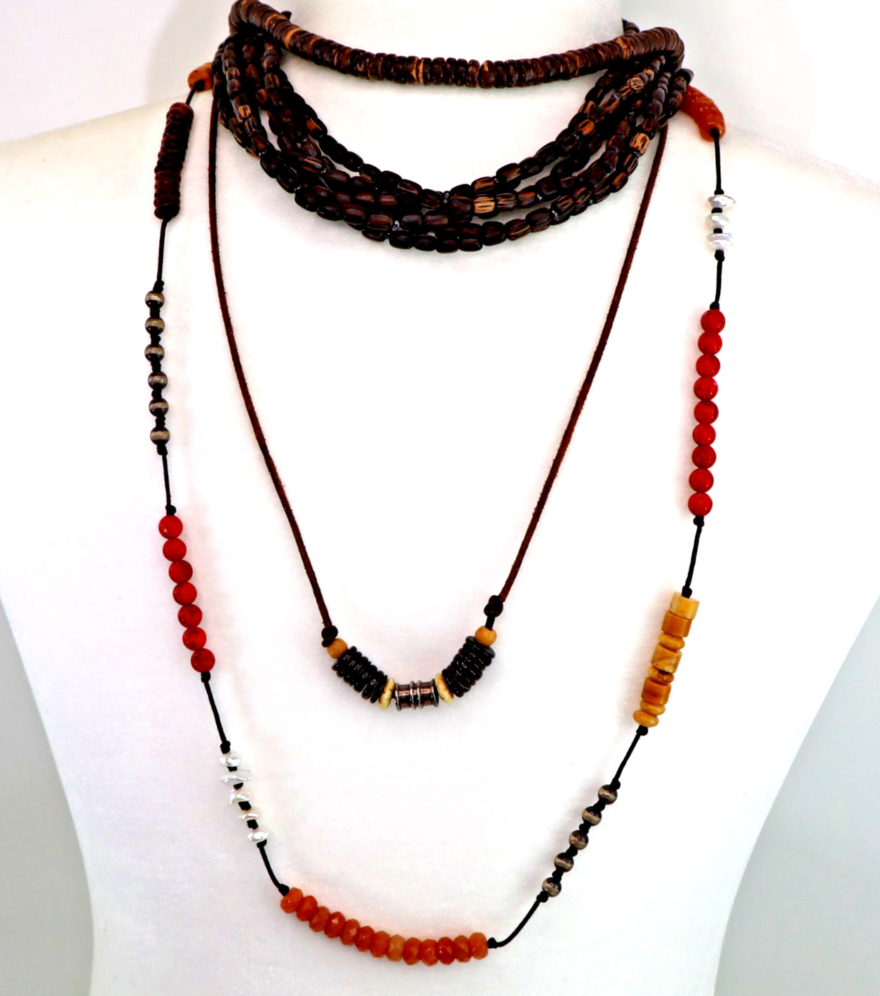 SILPADA Lot 4 necklaces 925 silver wood pearl coral Boho Surfer layer 18 to 35″