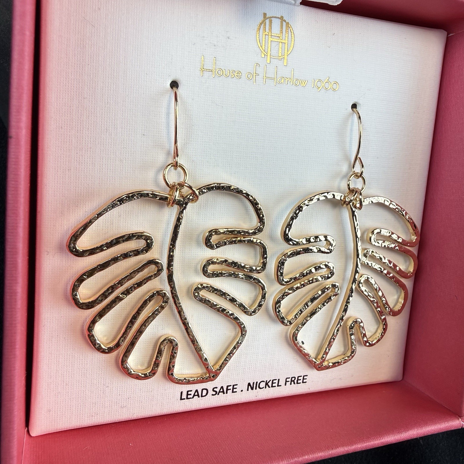 House Of Harlow 1960 Tropical Gold Tone Monstera Palm Leaf Earrings NEW