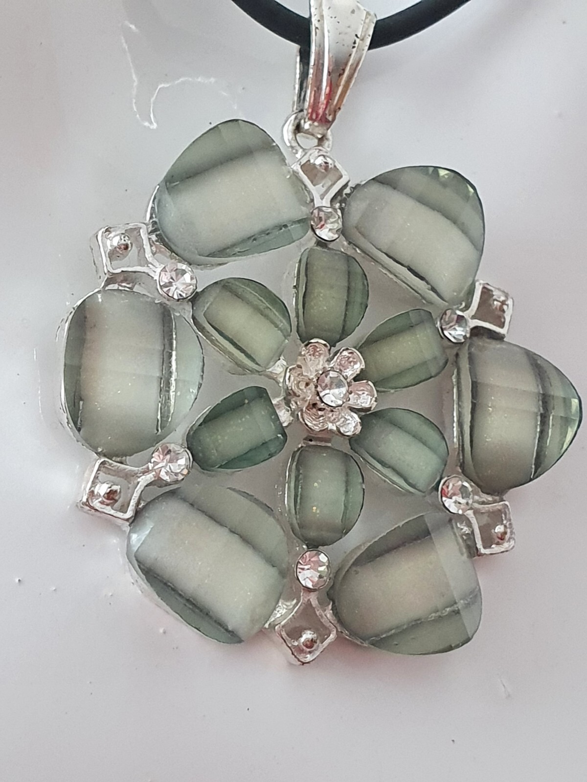 Sparkly Green Floral Clear Rhinestone Sliver Tone Black Cord Pendant Necklace