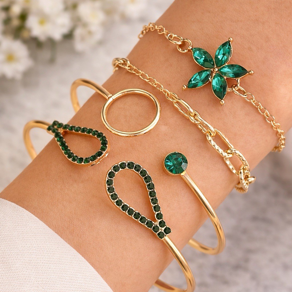 Gold Tone Bracelet Set 4PCS Women Adjustable Layered Green Crystal Stack