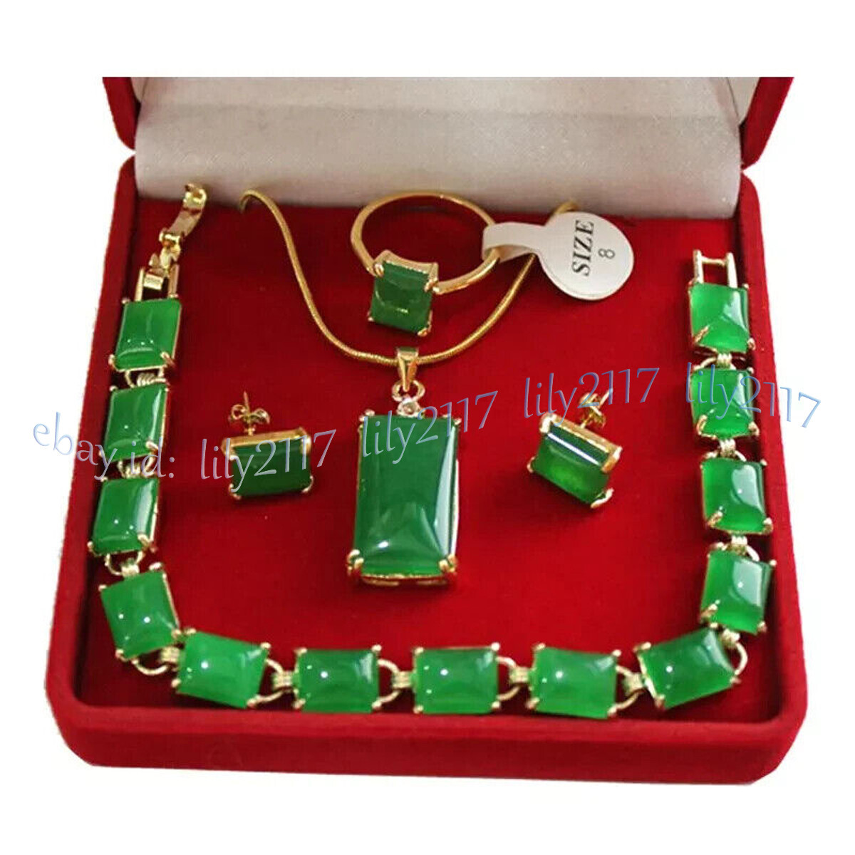 Green Jade 18K Gold Plated Pendant Necklace Bracelet Earrings Ring Jewelry Set