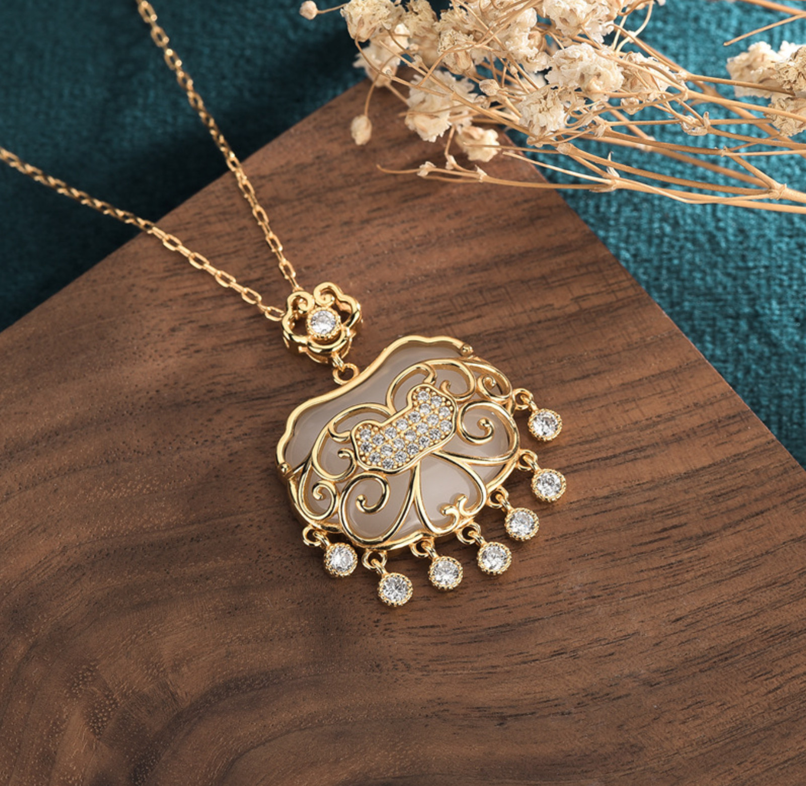 Jade Crystal Pendant Necklace Charm 18K Gold Plated Luck Lock Dainty Gemstone
