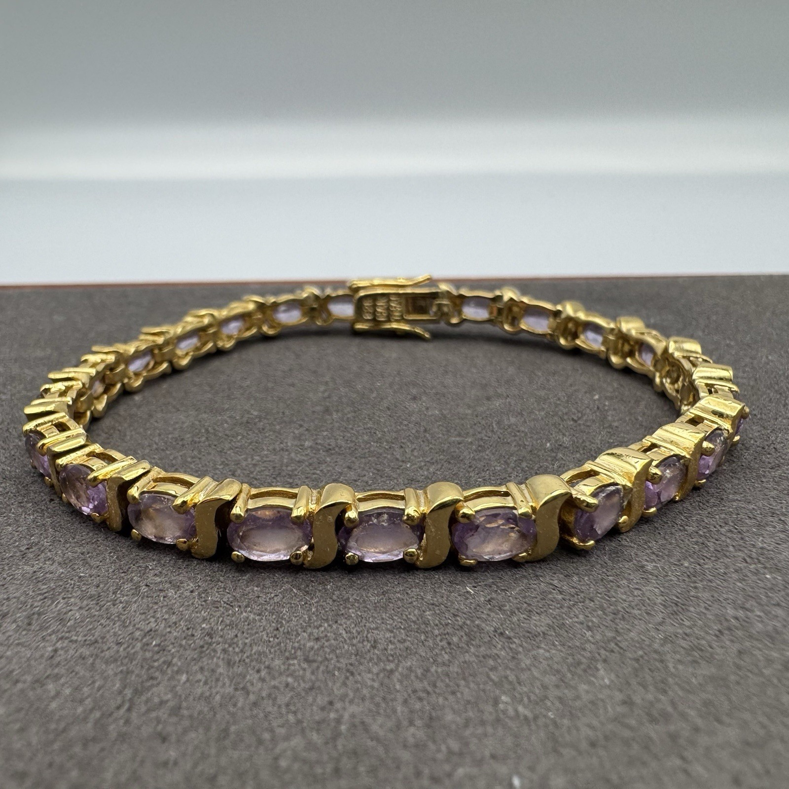 HAN THAI 925 Sterling Silver Gold Tone Oval Amethyst S Link Tennis Bracelet
