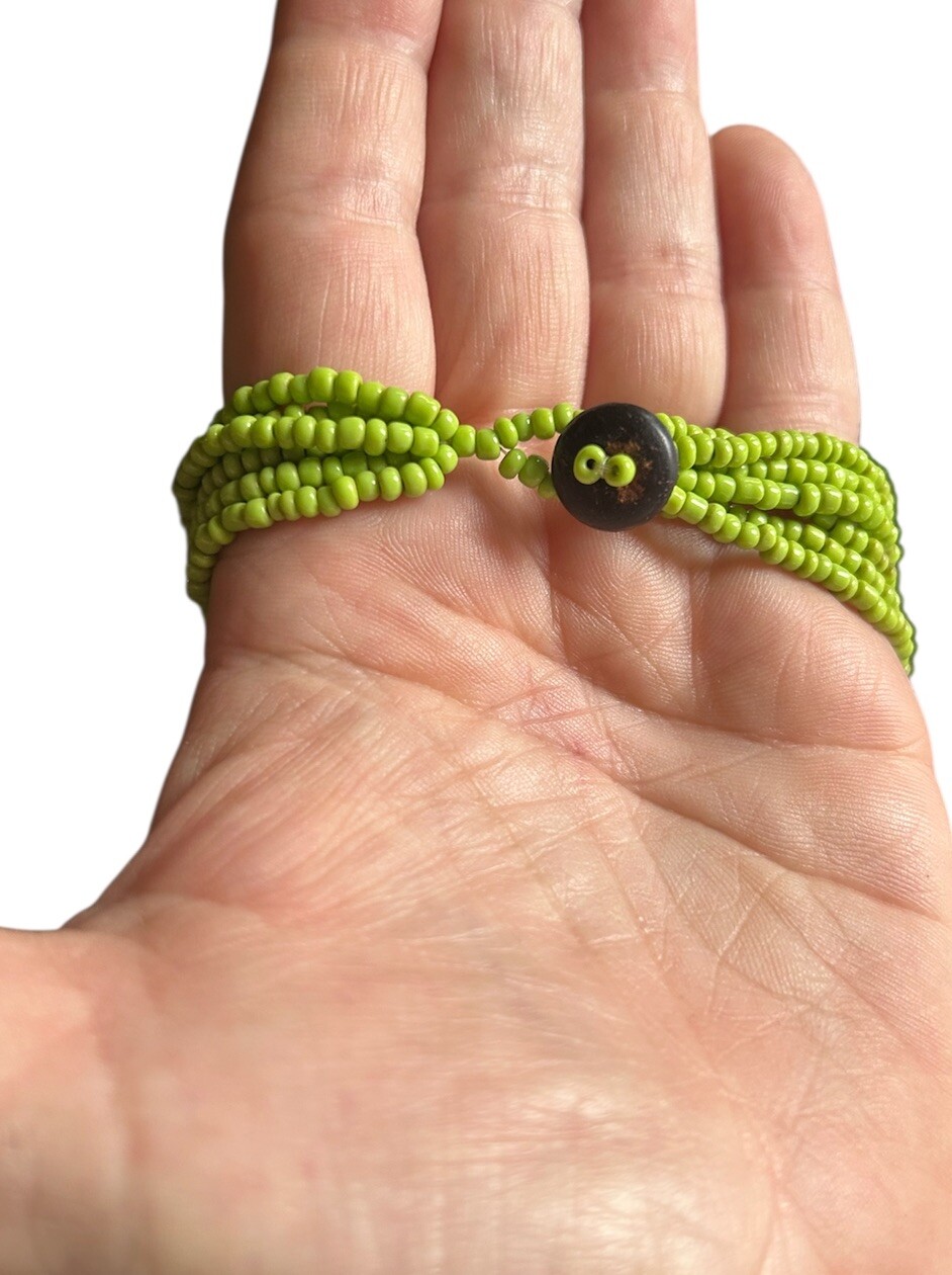 Multi Strand Seed Bead Necklace Lime Green Shell Lariat Centerpiece Unakite Chip