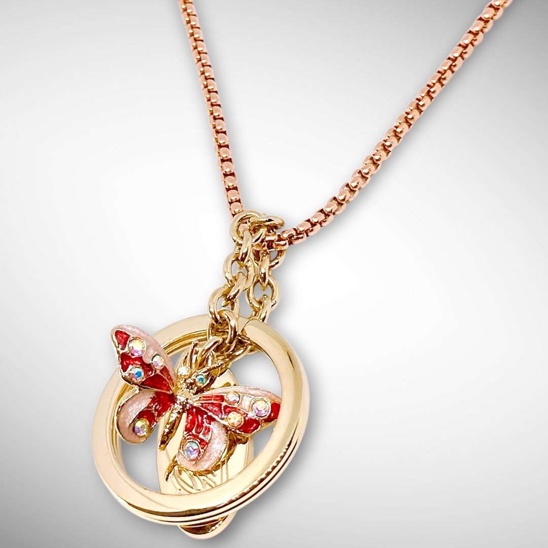 GUCCI Butterfly Charm Gold-tone Rhinestone Red Pink Third Party Chain: 23.6 in.