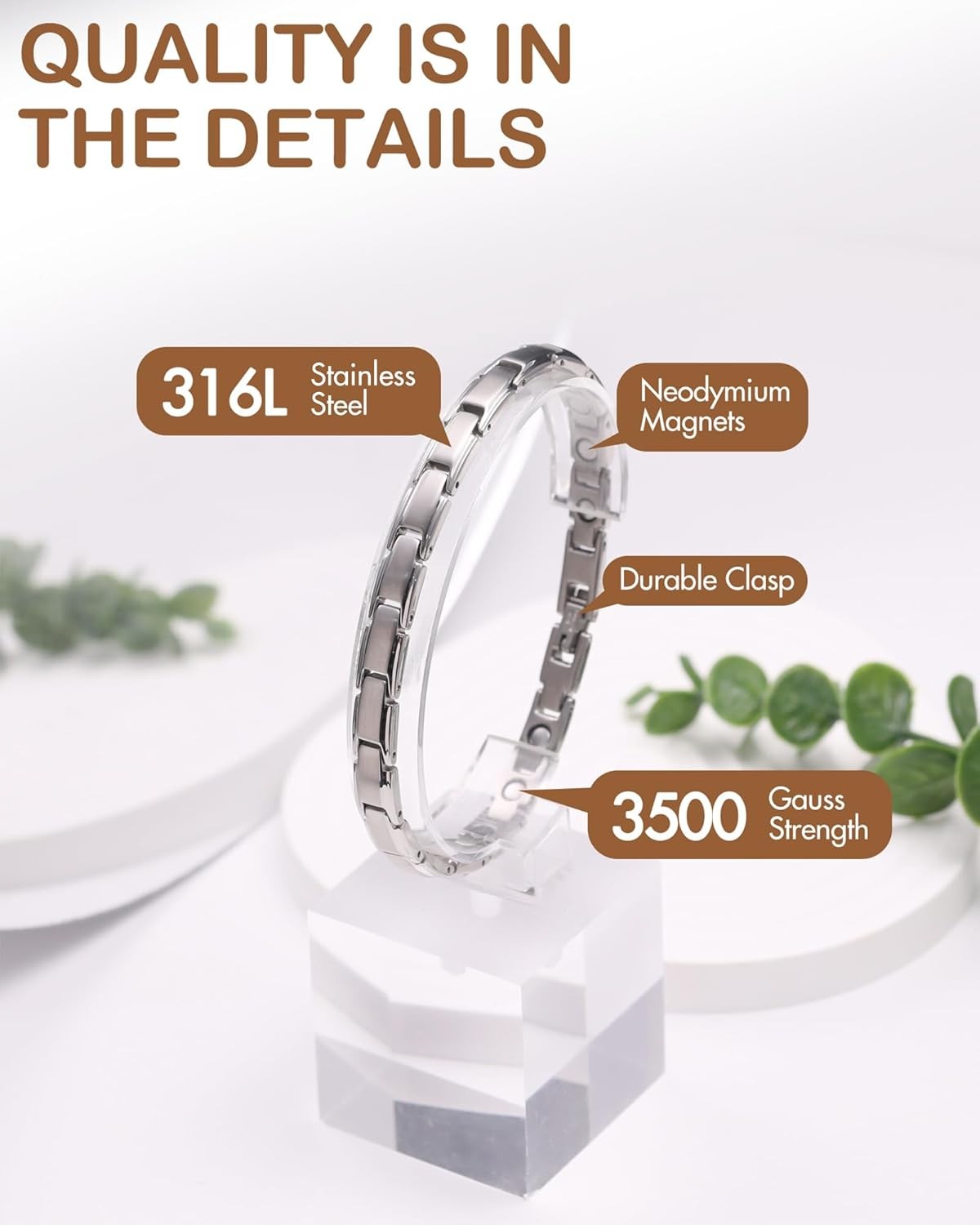 Feraco Magnetic Bracelet for Women Titanium Steel Silver