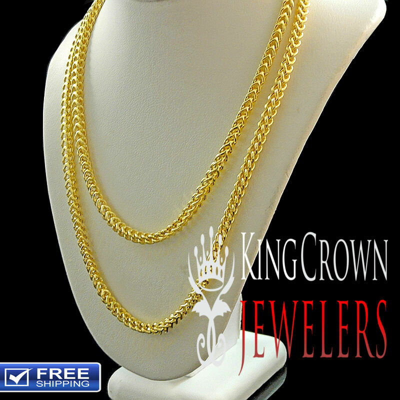 Mens Pure 925 Sterling Silver Yellow Gold Finish Franco Style Chain Necklace 4mm