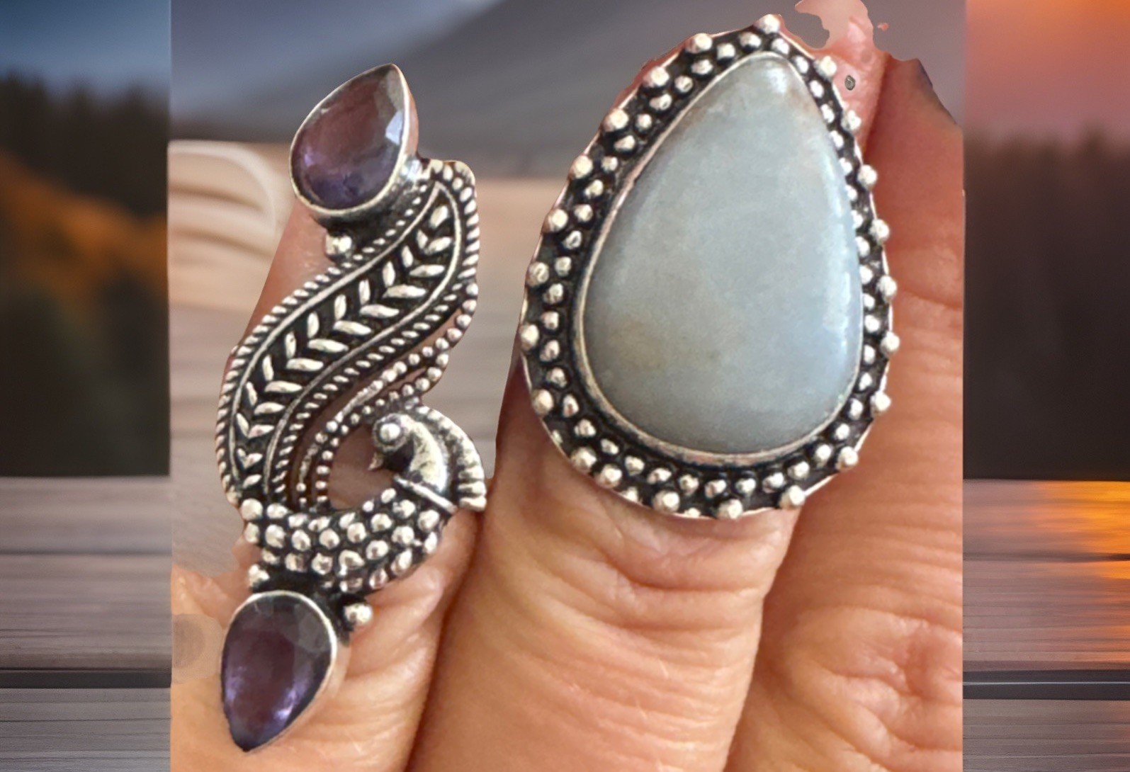 Angeliite & Amethyst Silver Fits 6.5 To 7 Natural Stones Holiday Special 2 Rings