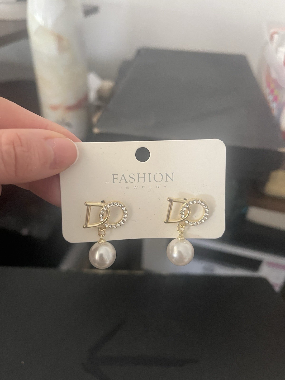 Gold Tone Pavé Rhinestone Circle White Pearl Drop Stud Earrings Butterfly Back