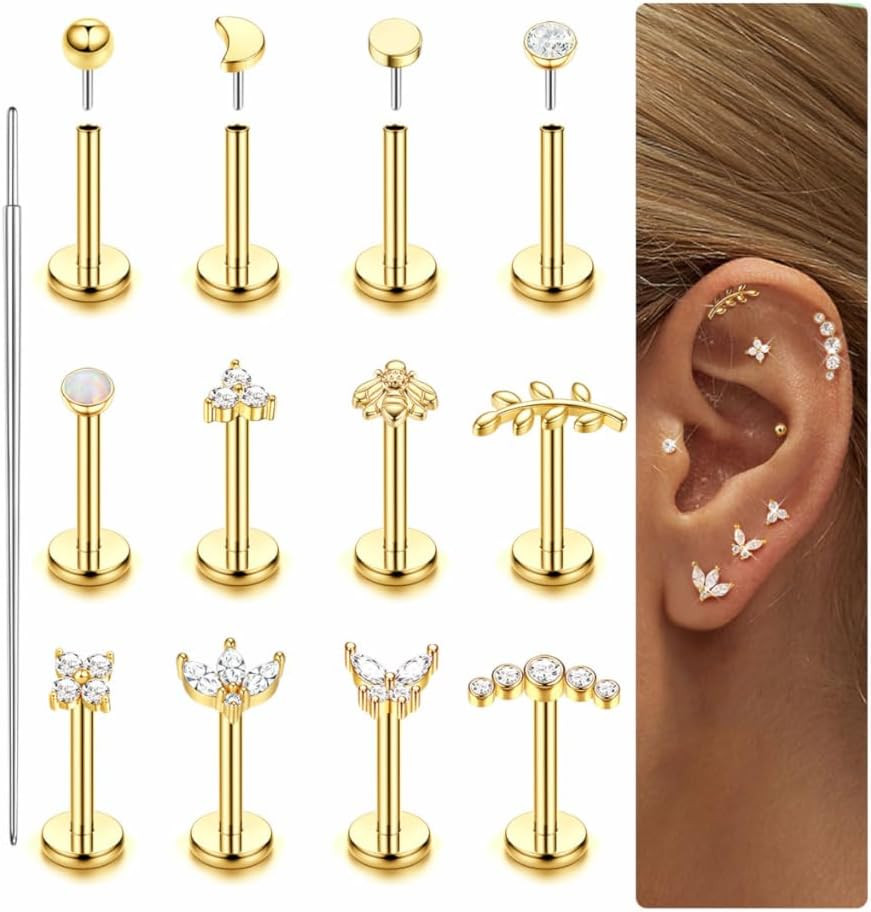 14K Gold Plated Threadless Flat Back Earrings for Women Men 316L Surgical Steel