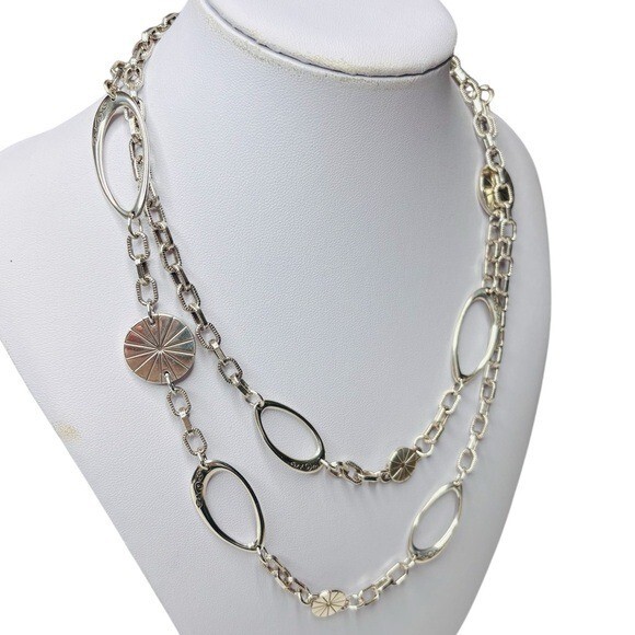Brighton ORBIT Silver Etched Disc Eliptical Link Long Necklace