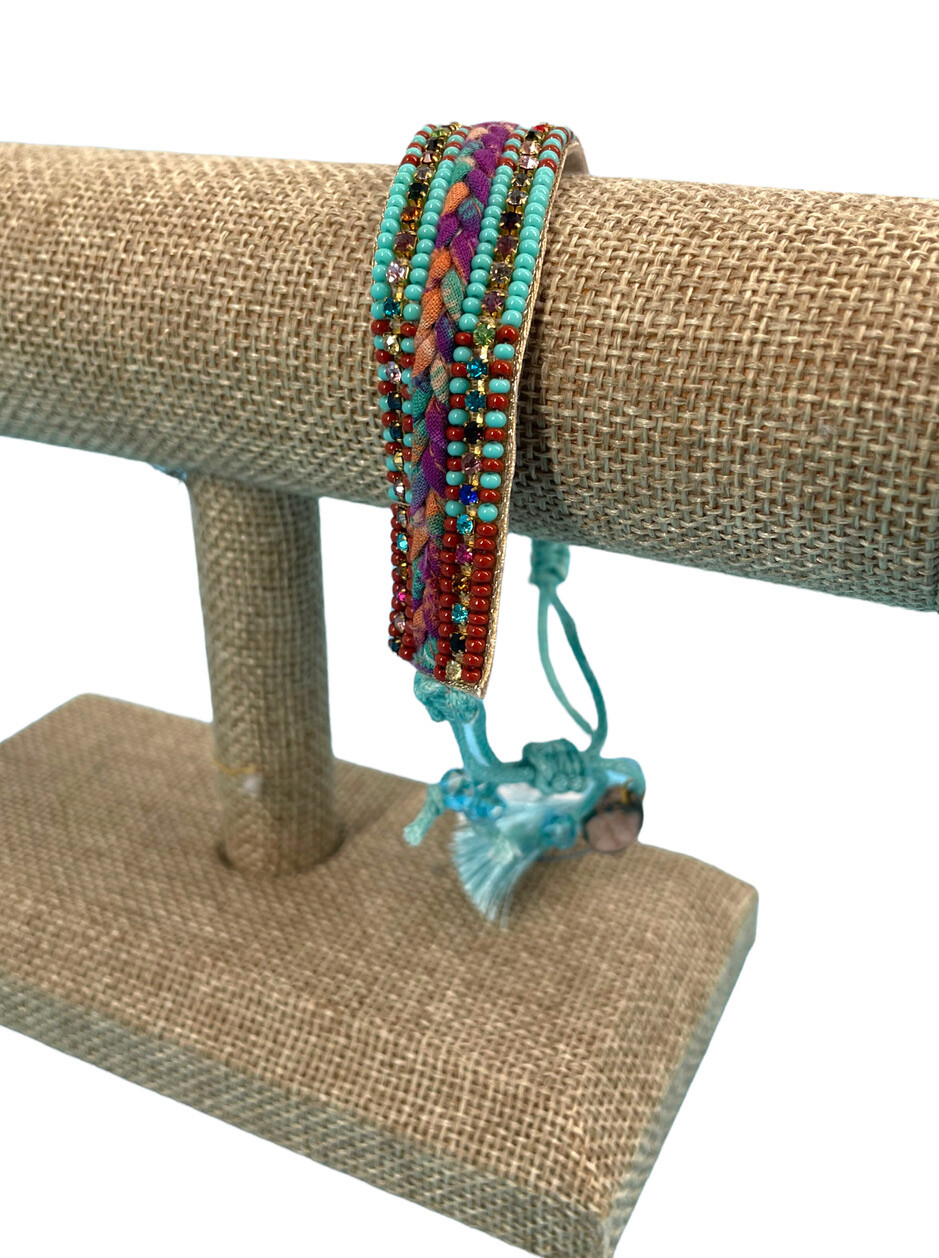 Deepa Gurnani Kaitin Beaded Adjustable Bracelet Turquoise Blue Hand Embroidered