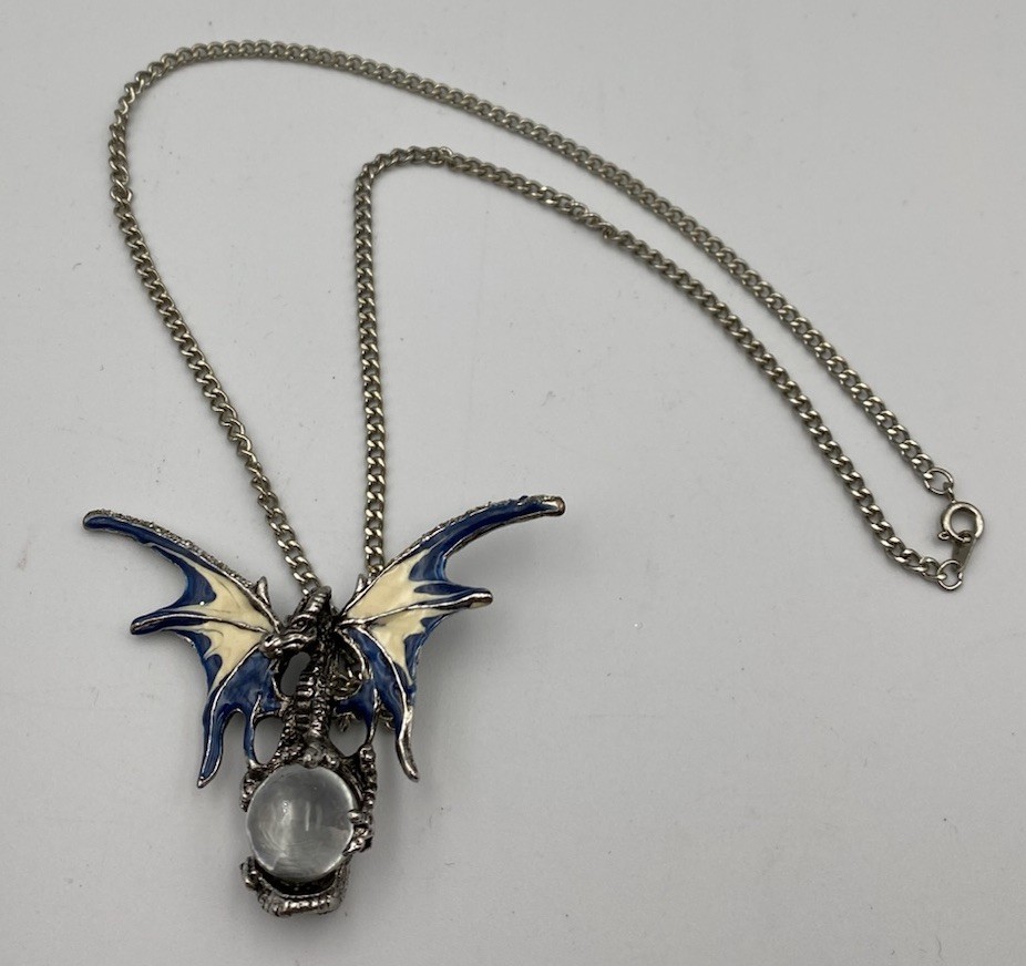 Dragon Pewter Pendant Necklace With Crystal Ball Blue/Cream Fantasy Gothic